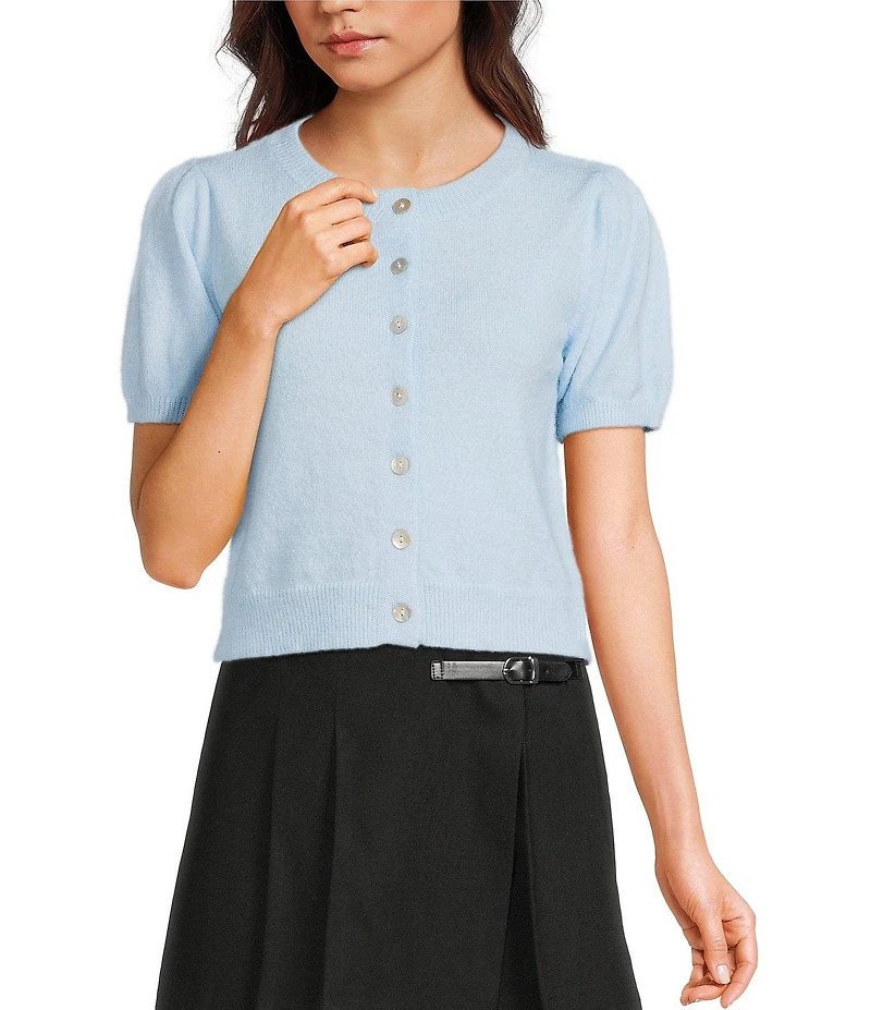 Copper Key Button Front Puff Sleeve Cardigan