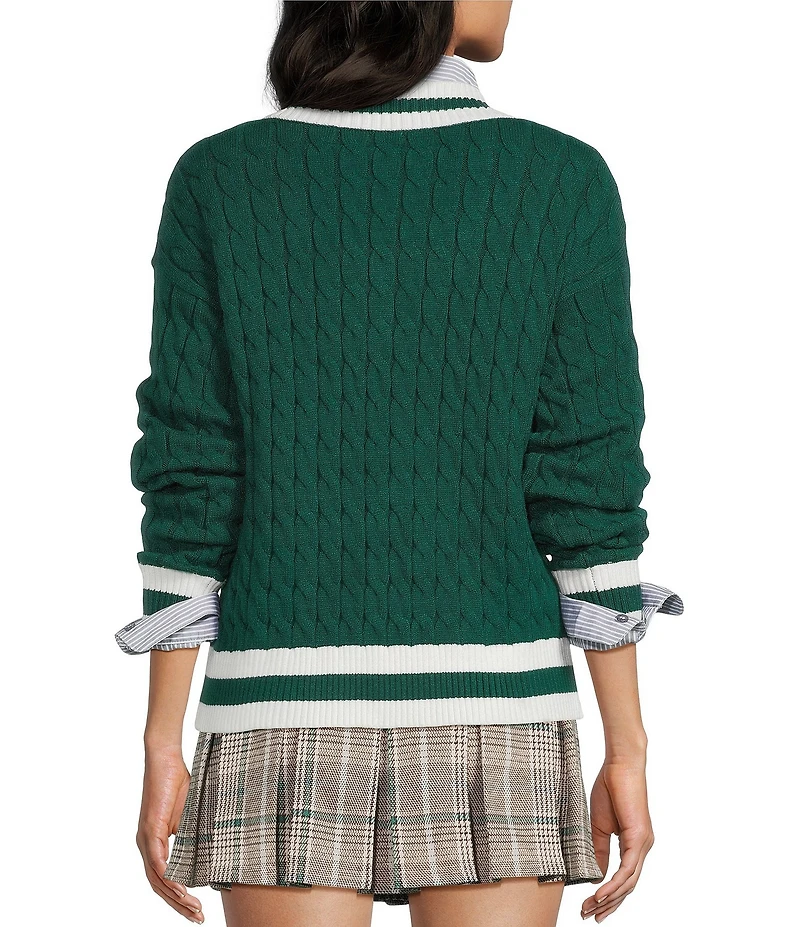 Copper Key Cable Knit V-Neck Pullover Sweater