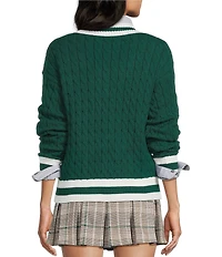 Copper Key Cable Knit V-Neck Pullover Sweater