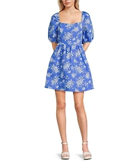 Copper Key Ditsy Floral Print Short Puff Sleeve Smocked Mini Dress