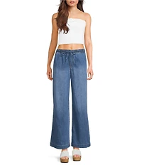Copper Key Drawstring Wide Leg Denim Pants