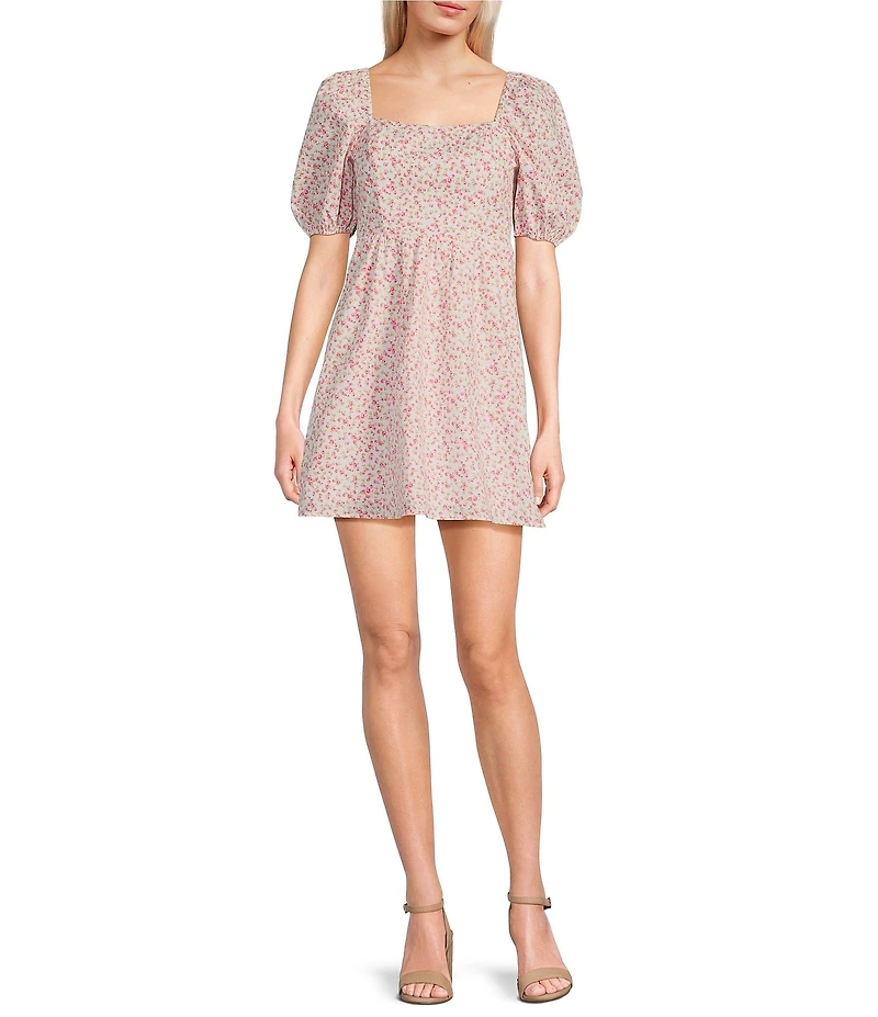 Copper Key Floral Print Square Neck Short Puff Sleeve Smocked Back Dress