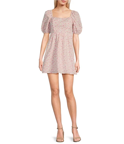 Copper Key Floral Print Square Neck Short Puff Sleeve Smocked Back Dress