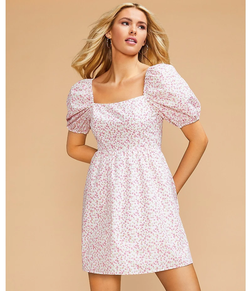 Copper Key Floral Print Square Neck Short Puff Sleeve Smocked Back Dress