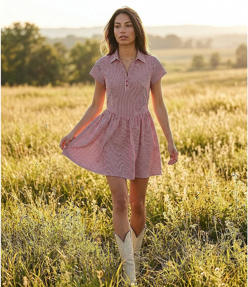 Copper Key Gingham Point Collared Fit & Flare Mini Dress