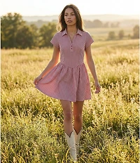 Copper Key Gingham Point Collared Fit & Flare Mini Dress