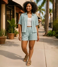 Copper Key Linen Stripe Coordinating Crop Camp Shirt