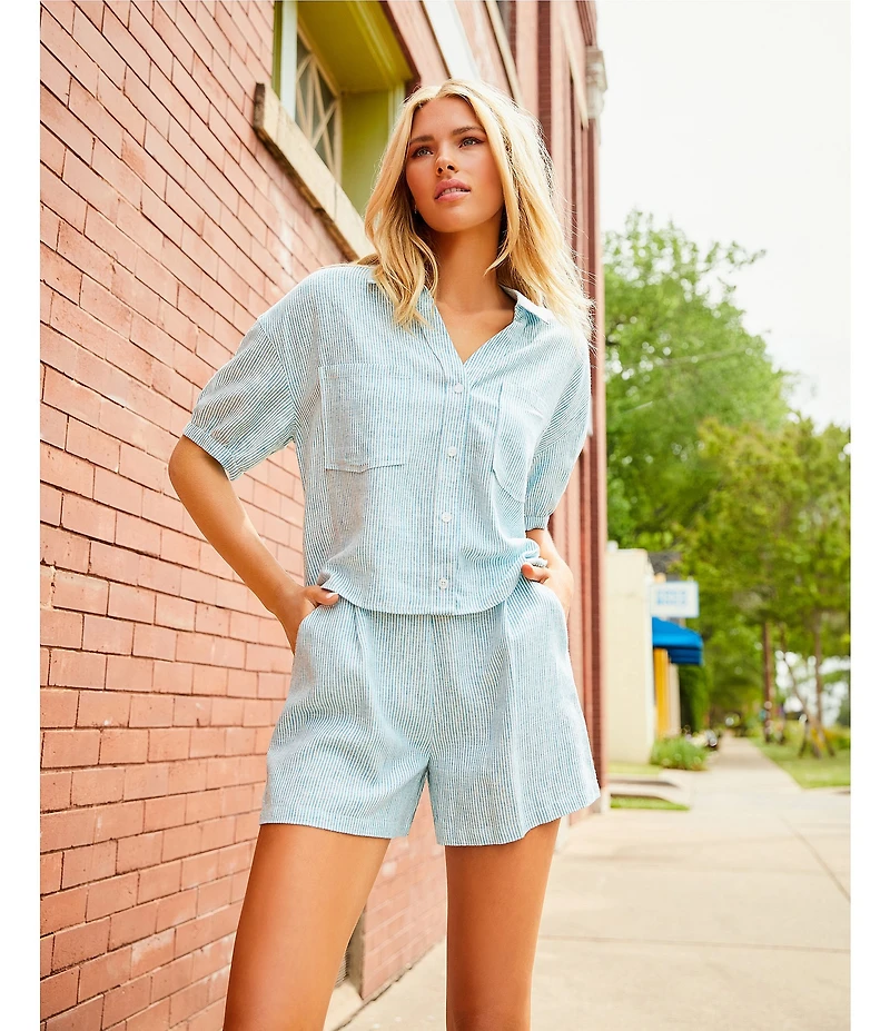 Copper Key Linen Stripe Coordinating Crop Camp Shirt