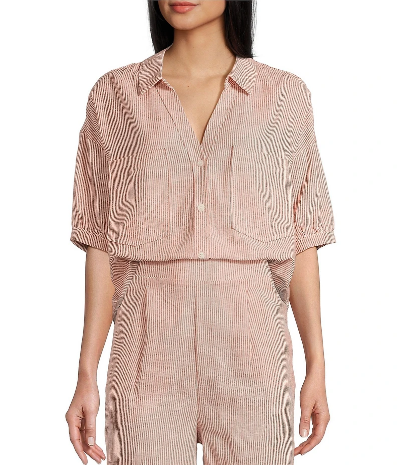 Copper Key Linen Stripe Coordinating Crop Camp Shirt