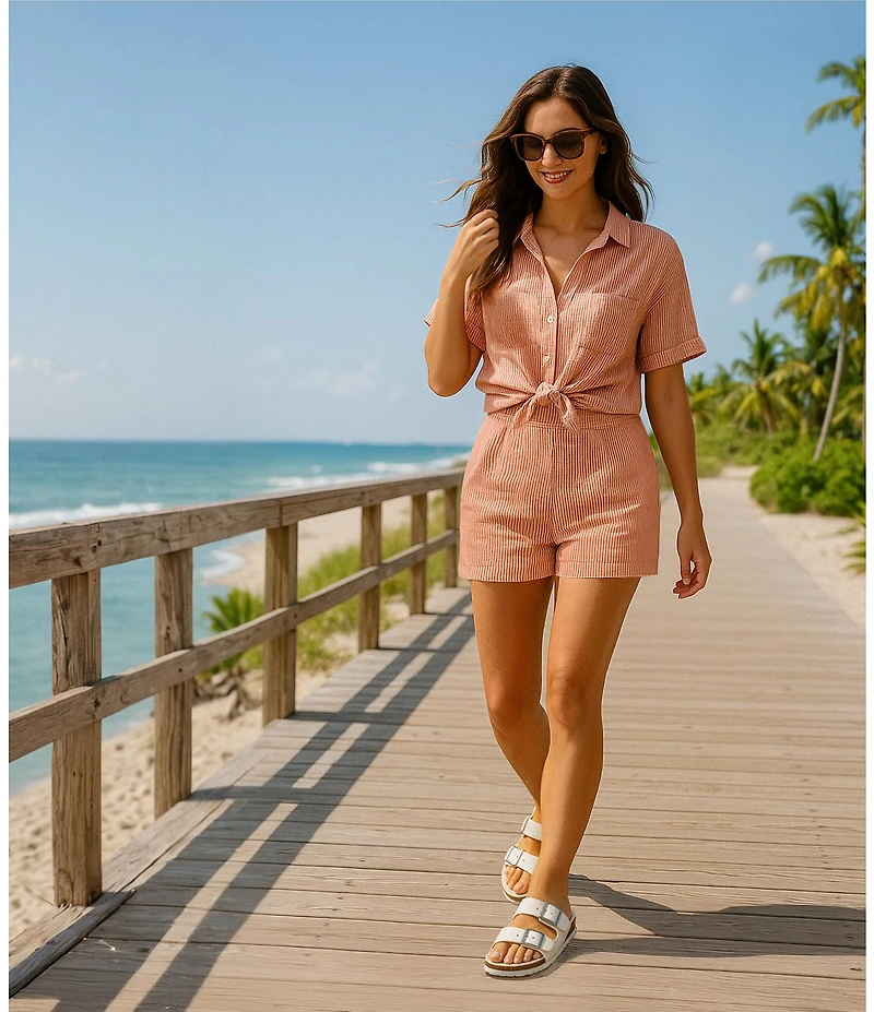 Copper Key Linen Stripe Coordinating Crop Camp Shirt