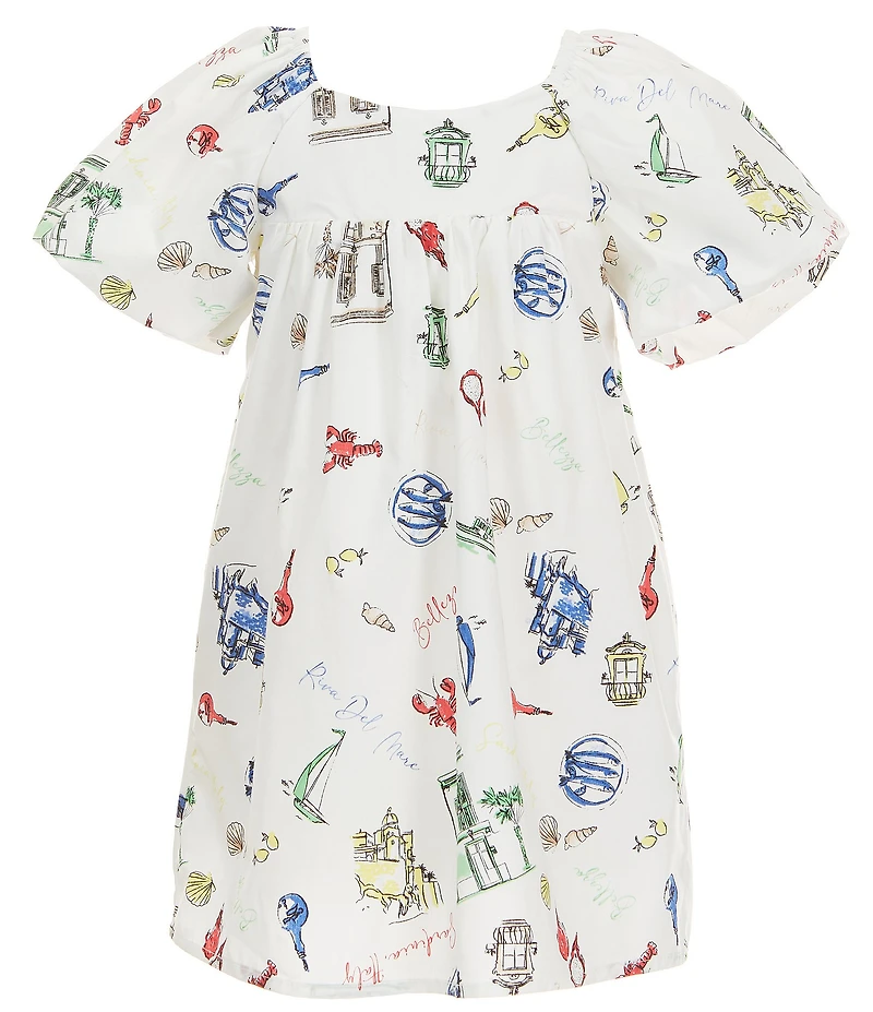 Copper Key Little Girls Sea Print Short Puff Sleeve Dress