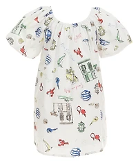 Copper Key Little Girls Sea Print Short Puff Sleeve Dress