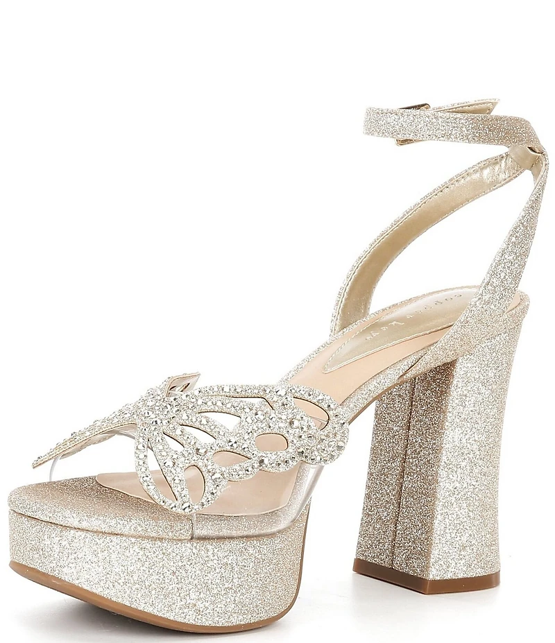 Copper Key Marigold Rhinestone Butterfly Ornament Platform Dress Sandals