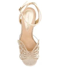 Copper Key Marigold Rhinestone Butterfly Ornament Platform Dress Sandals