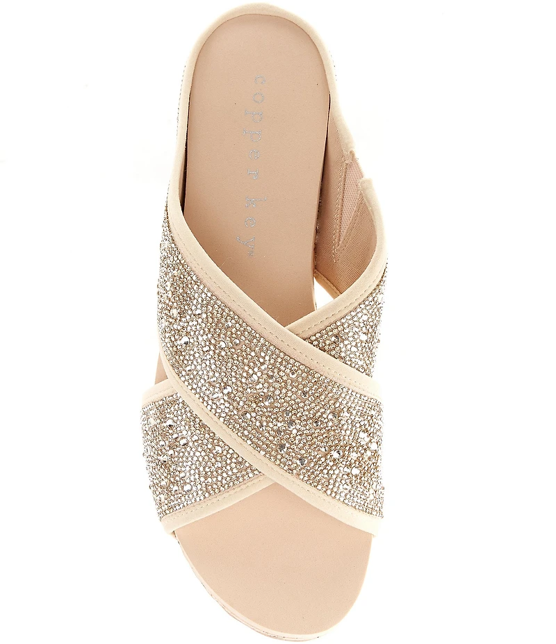 Copper Key Melrose Rhinestone Cross Band Platform Wedge Slide Sandals