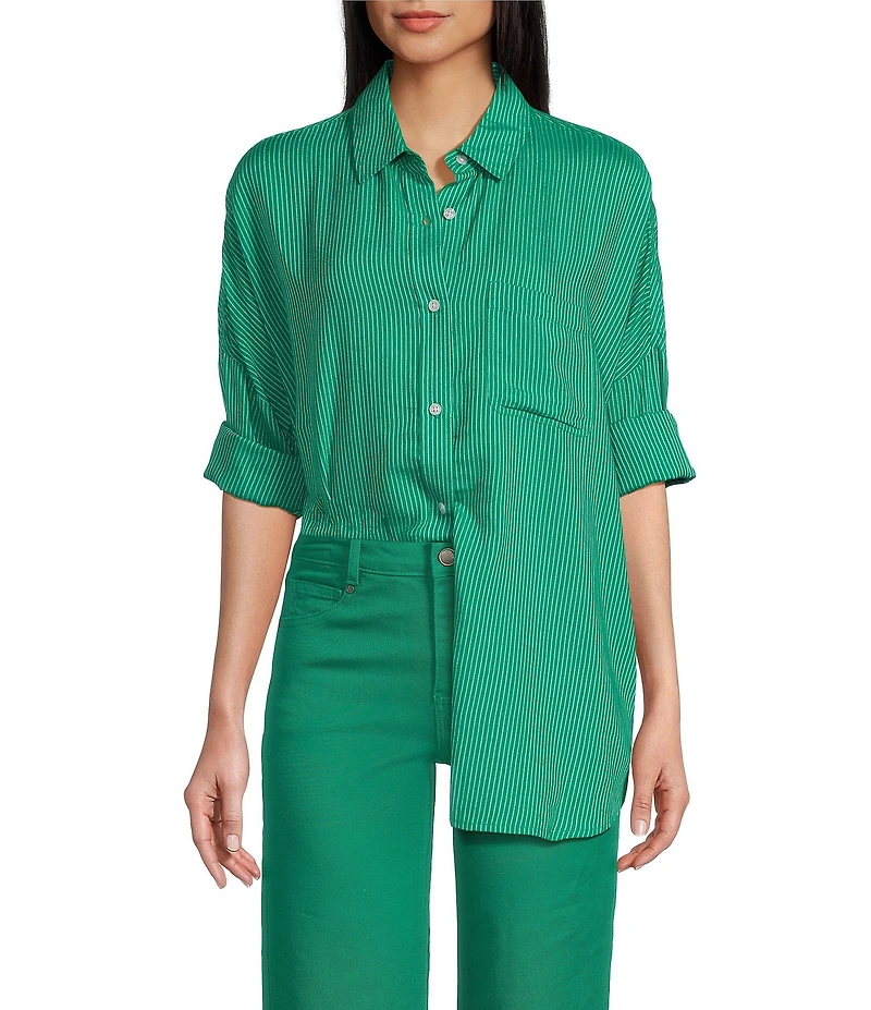 Copper Key Mini Stripe Print Oversized Fit Button-Front Woven Shirt