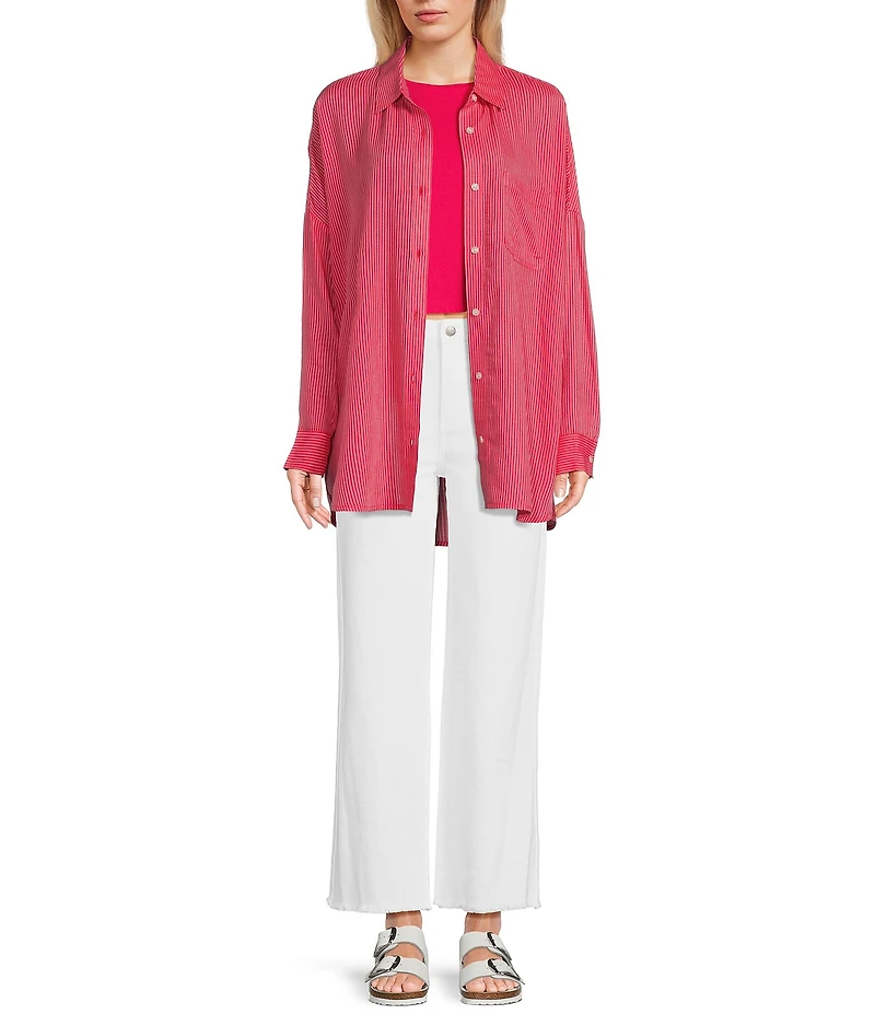 Copper Key Mini Stripe Print Oversized Fit Button-Front Woven Shirt