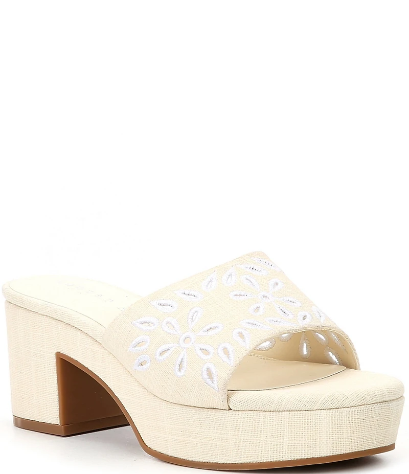 Copper Key Palm Linen Eyelet Platform Slide Sandals