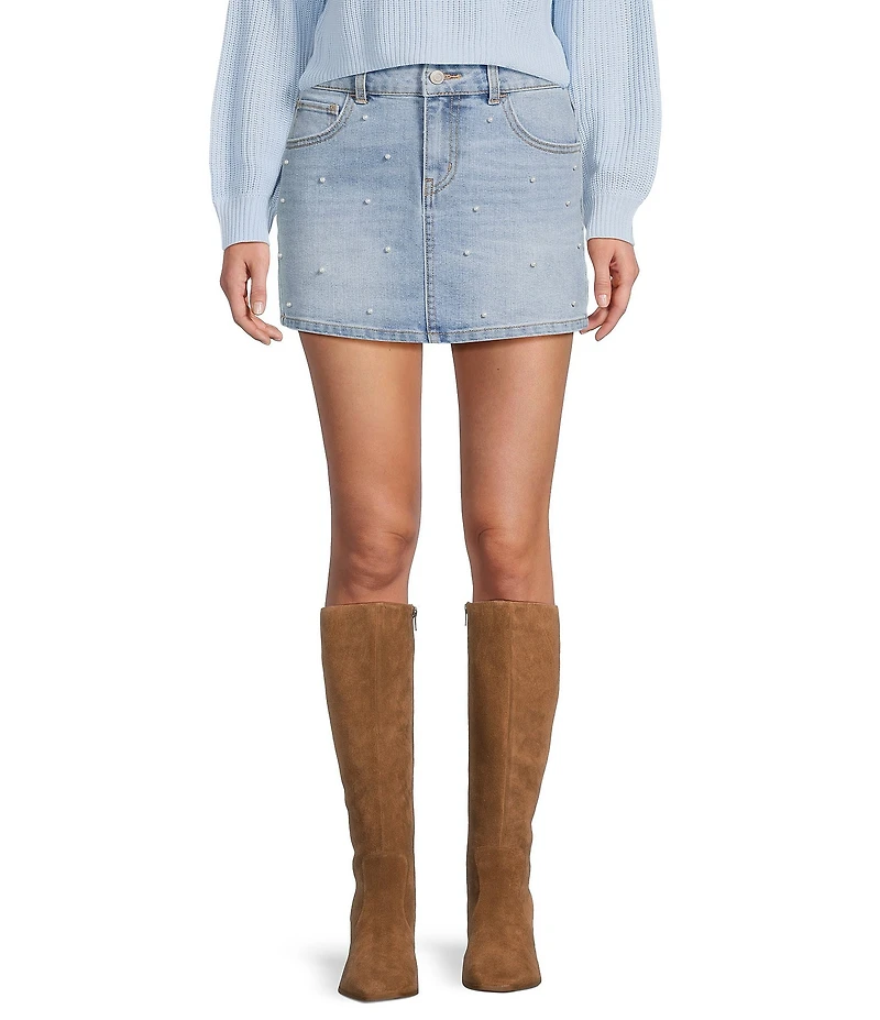 Copper Key Pearl Embellished Denim Mini Skirt