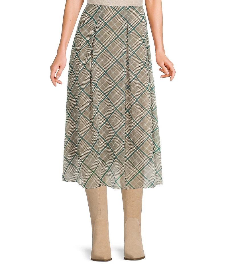 Copper Key Plaid Pleated Midi Skirt