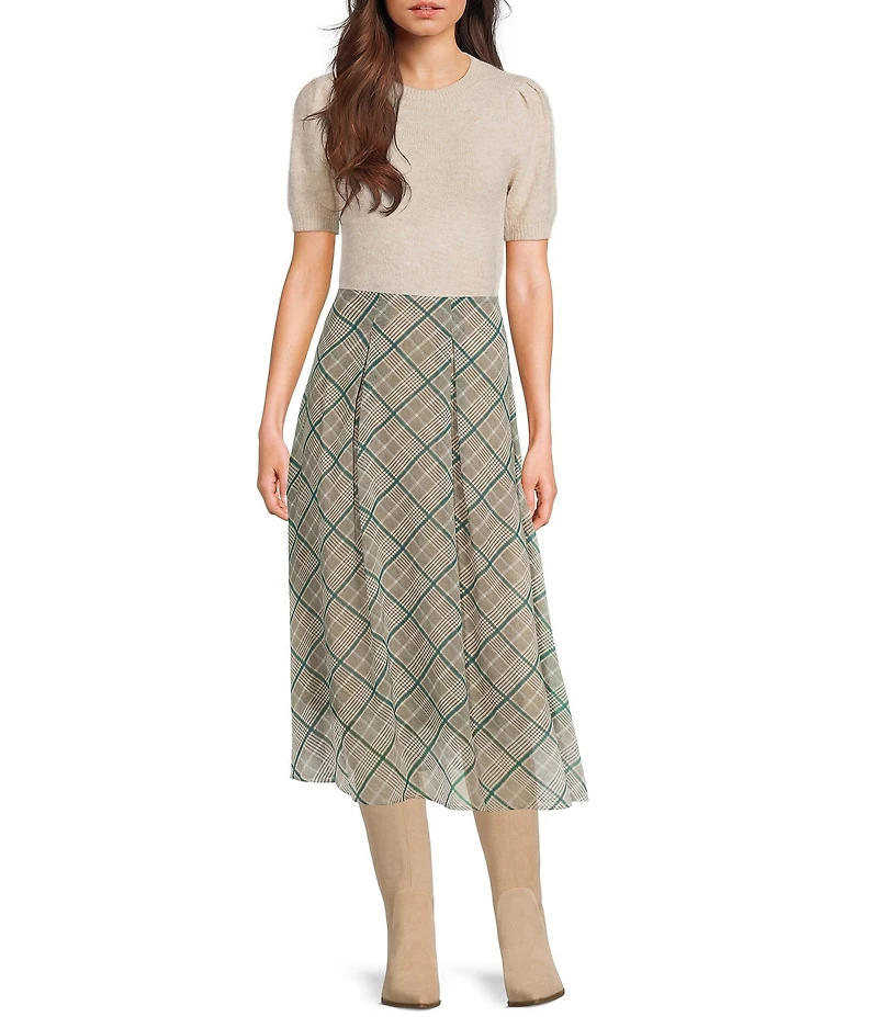 Copper Key Plaid Pleated Midi Skirt