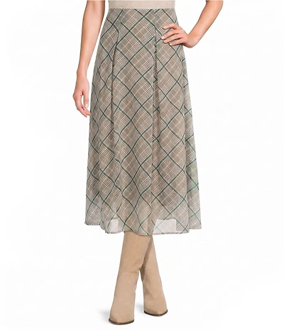 Copper Key Plaid Pleated Midi Skirt