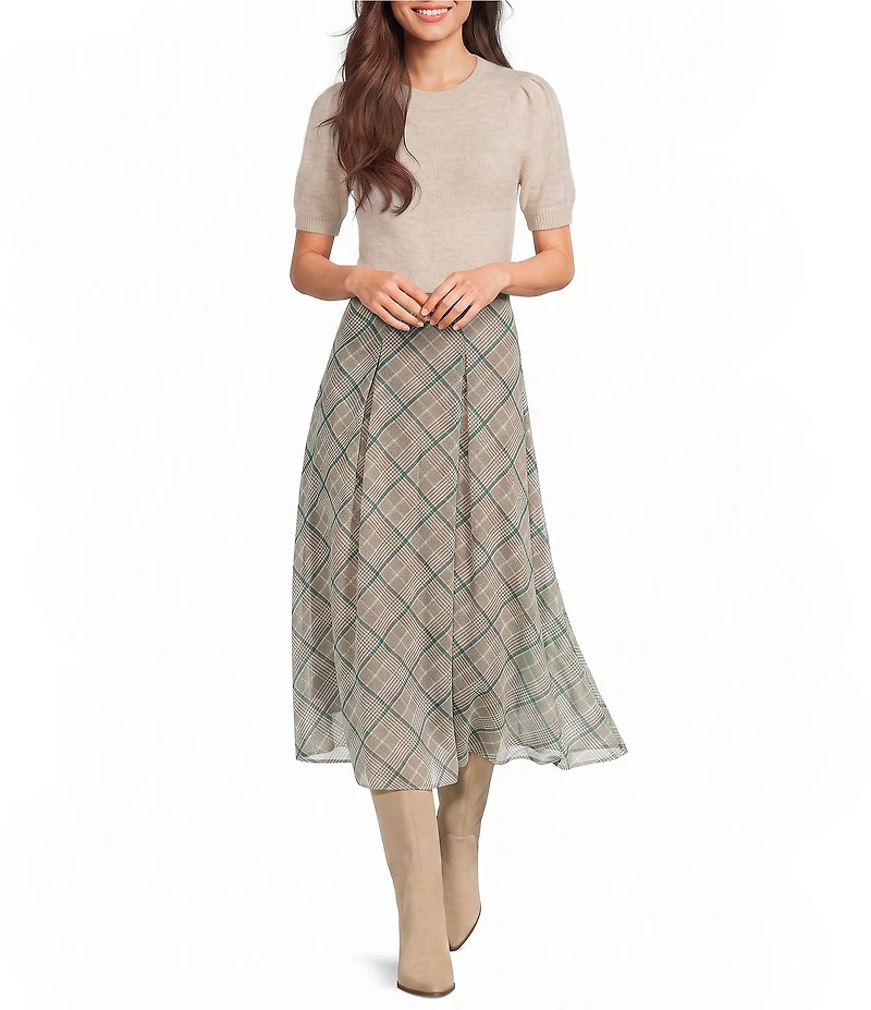 Copper Key Plaid Pleated Midi Skirt