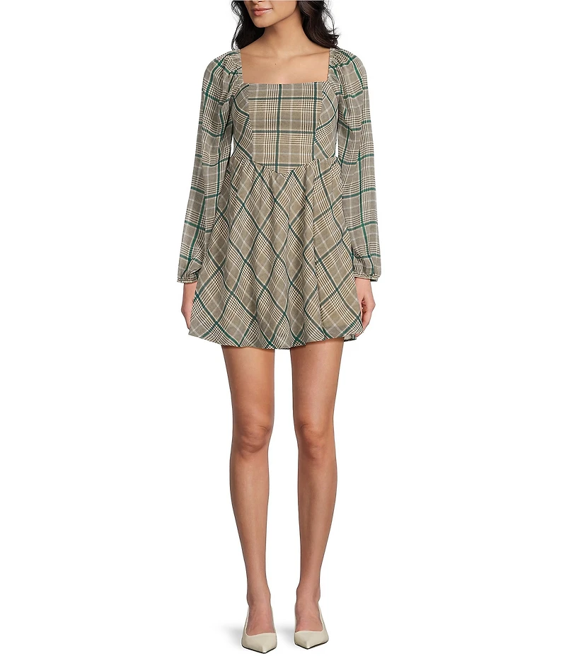 Copper Key Plaid V Waist Long Sleeve Dress