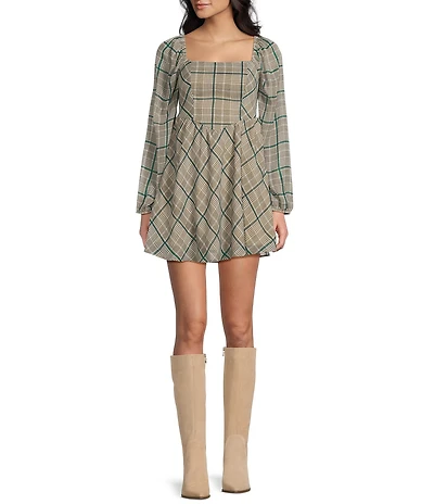 Copper Key Plaid V Waist Long Sleeve Dress