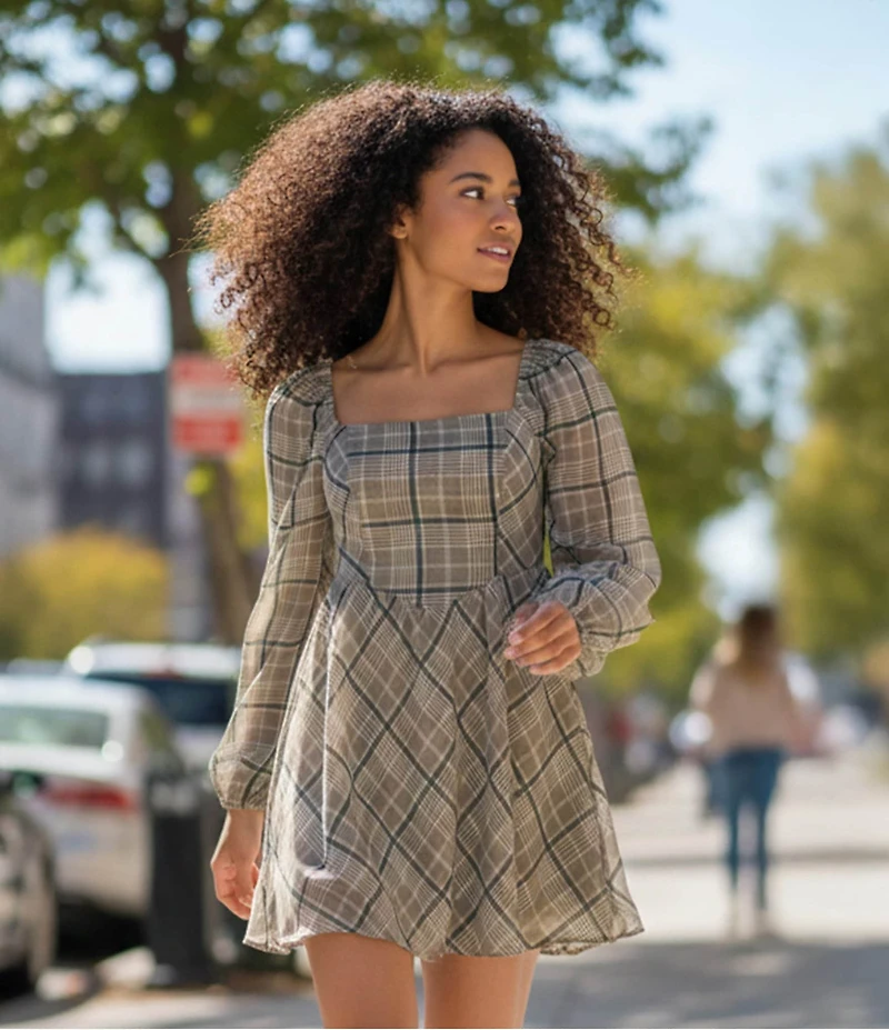 Copper Key Plaid V Waist Long Sleeve Dress