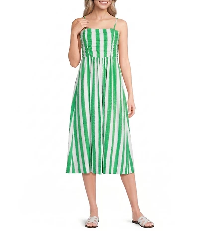 Copper Key Ruched Sleeveless Green Strips Midi Dress