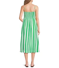 Copper Key Ruched Sleeveless Green Strips Midi Dress