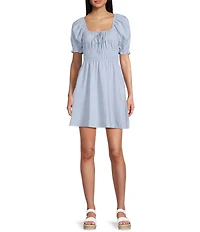 Copper Key Short Puff Sleeve Triple Elastic Waist Dress