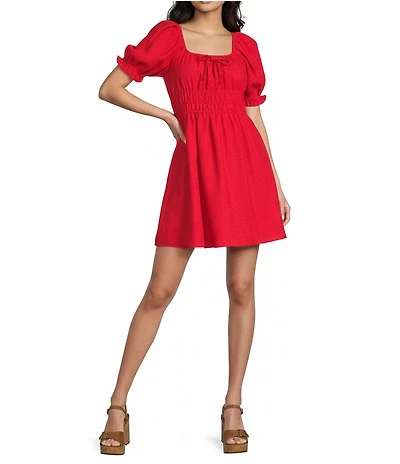 Copper Key Square Neck Puff Sleeve Triple Elastic Dress