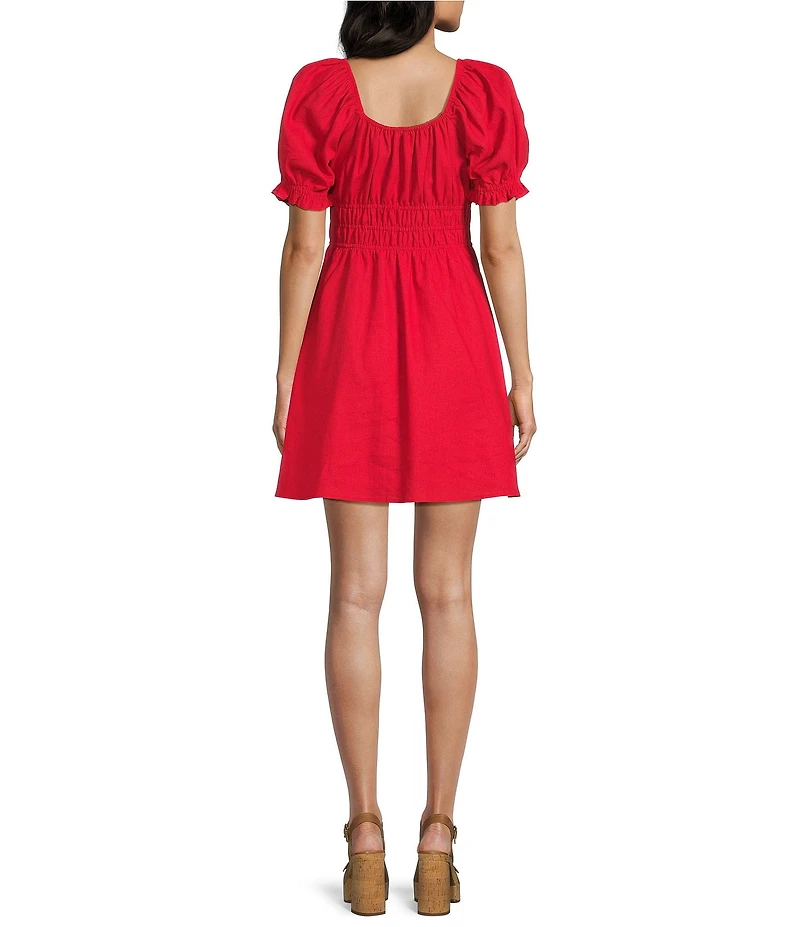 Copper Key Square Neck Puff Sleeve Triple Elastic Dress