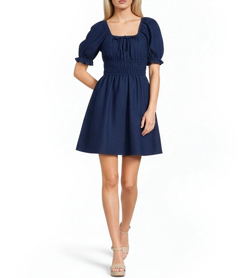 Copper Key Square Neck Puff Sleeve Triple Elastic Dress