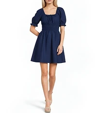 Copper Key Square Neck Puff Sleeve Triple Elastic Dress