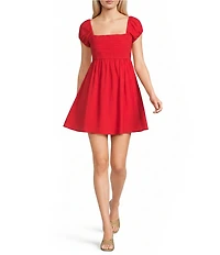 Copper Key Square Neck Short Sleeve Pleated Poplin Dress