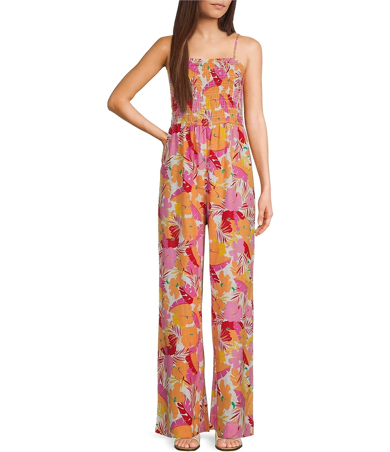 Copper Key Square Neck Tropical Floral Print Smocked Jumpsuit