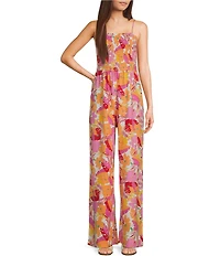 Copper Key Square Neck Tropical Floral Print Smocked Jumpsuit