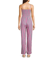 Copper Key Square Neck Stripe Smocked Jumpsuit