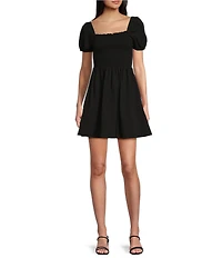 Copper Key Textured Puff Sleeve Smocked Dress