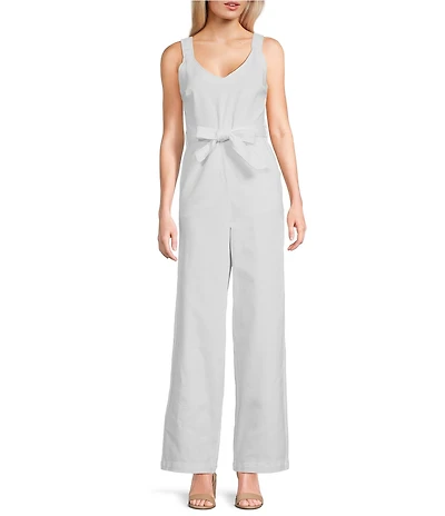 Copper Key Tie Front Wide Leg Denim Jumpsuit