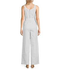Copper Key Tie Front Wide Leg Denim Jumpsuit