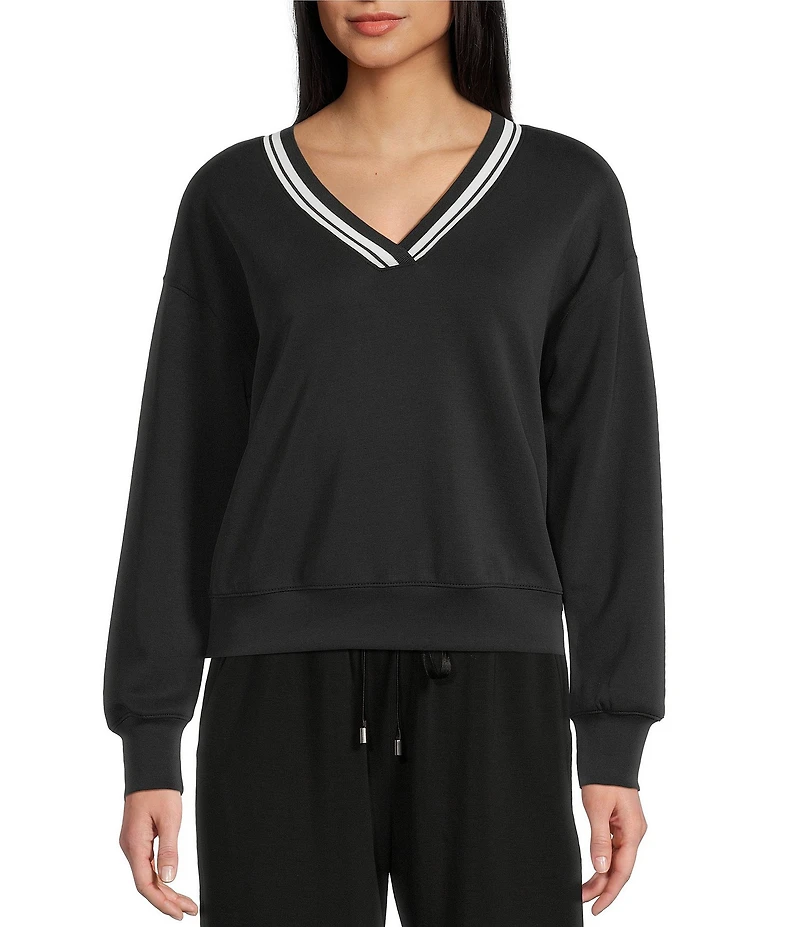 Copper Key V-Neck Varsity Inspired Contrast Trim Long Sleeve Top