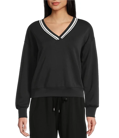 Copper Key V-Neck Varsity Inspired Contrast Trim Long Sleeve Top