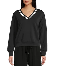 Copper Key V-Neck Varsity Inspired Contrast Trim Long Sleeve Top