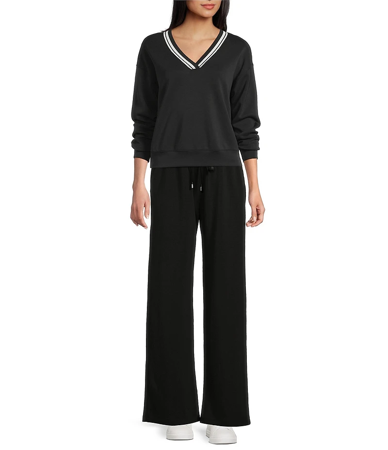 Copper Key V-Neck Varsity Inspired Contrast Trim Long Sleeve Top
