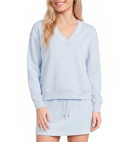 Copper Key V-Neck Varsity Inspired Contrast Trim Long Sleeve Top
