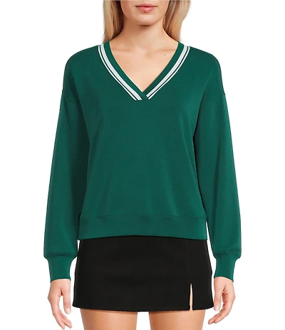 Copper Key V-Neck Varsity Inspired Contrast Trim Long Sleeve Top